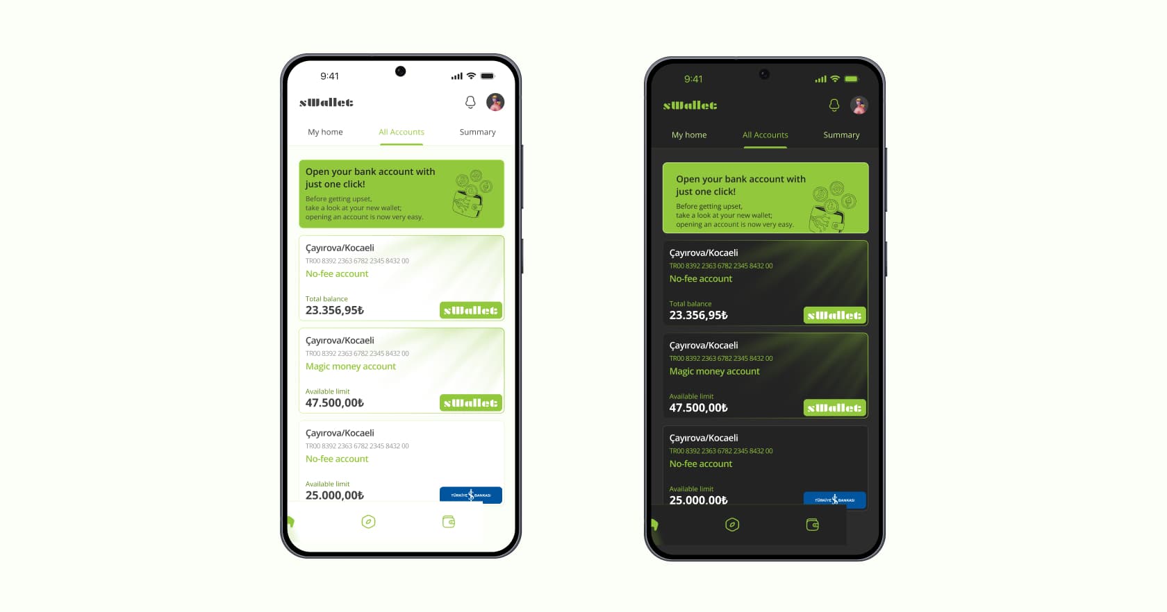 Account list in light and dark mode, with a campaign banner on top and accounts from sWallet and another bank