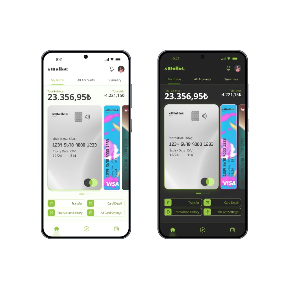 sWallet home screen in light and dark mode on two phones