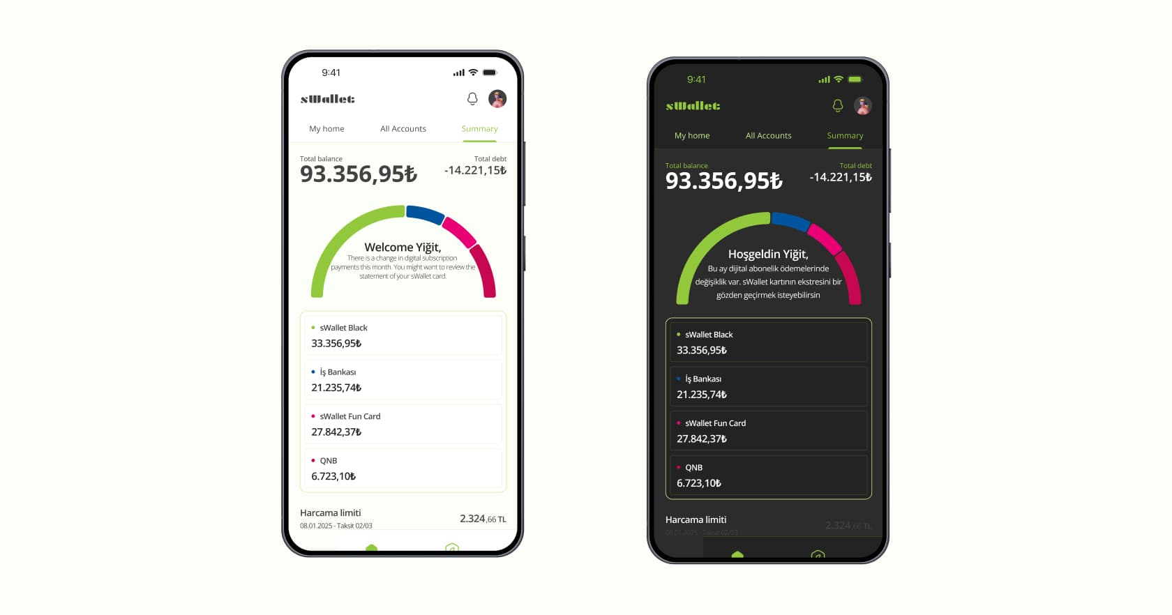 Summary tab in light and dark mode: a spending gauge across banks with a personal message in the centre